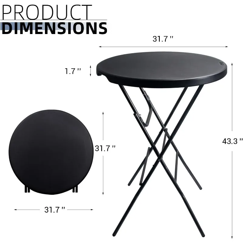 32in Cocktail Table Black High Top Folding Table, Portable Bar Height Folding Table Round with Removable Carbon Black Legs,