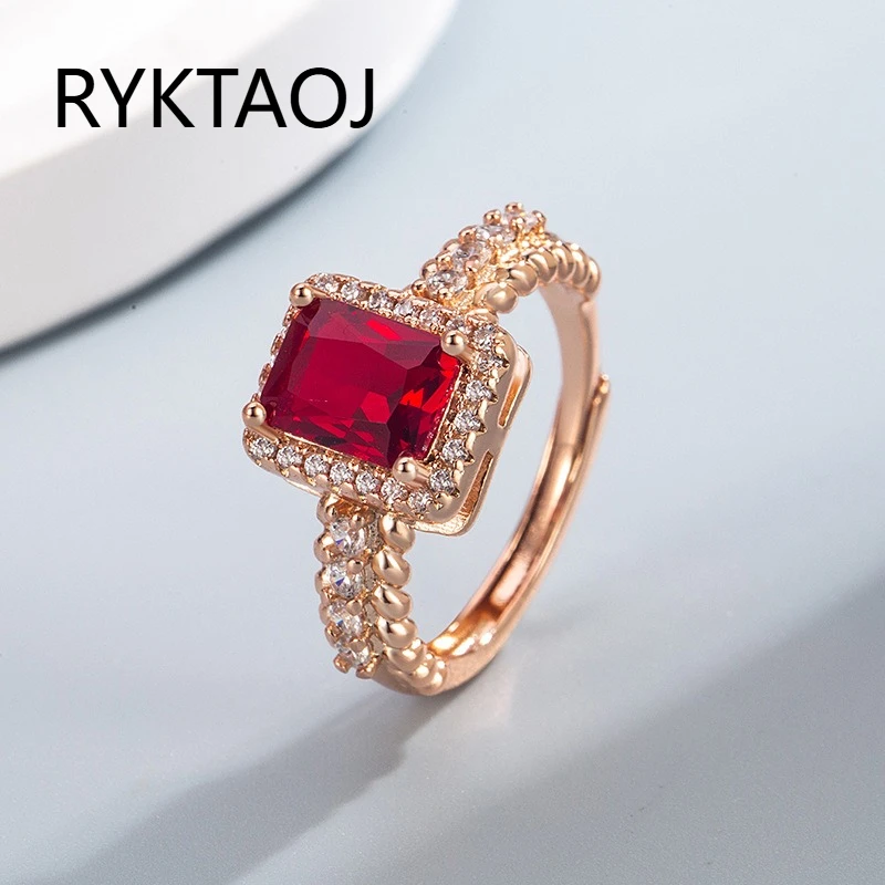 925 Sterling Silver Adjustable Women Ring Rectangle Emerald Ruby Stone Halo Pave Zircon Band Vintage Fine Jewelry Gift for Women