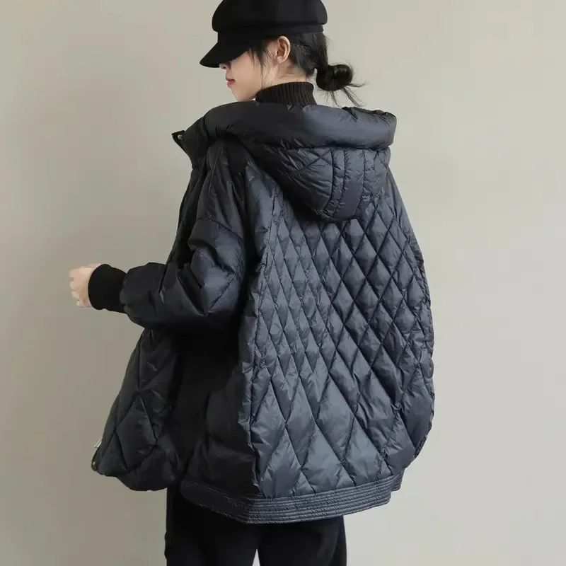 New White Duck Down Down Jacket for Women\'s Hooded Large Diamond Plaid Artistic Loose Fit Large Size Medium Length Jacket