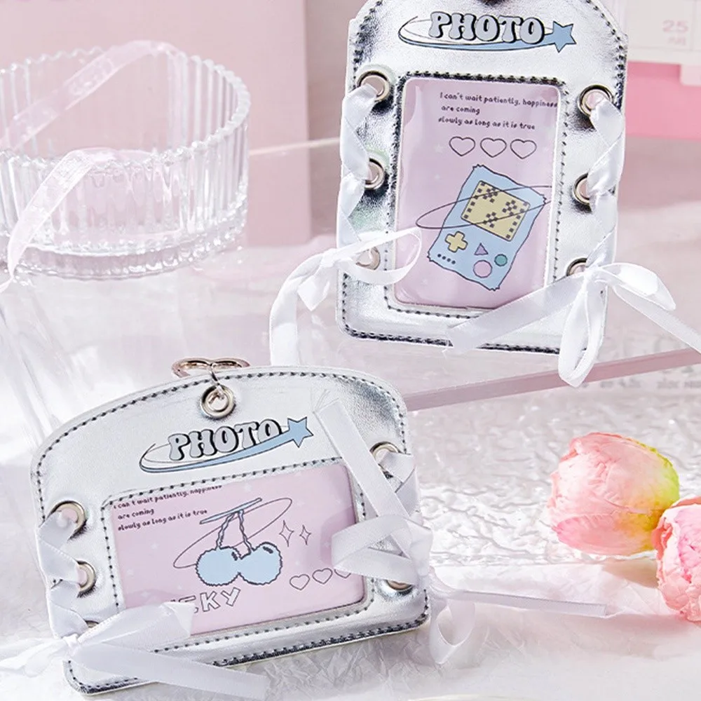 الأزياء Y2k حامل البطاقة القوس بطاقة تخزين المعبود صور بطاقة الغطاء الواقي لامعة حقيبة فضية قلادة