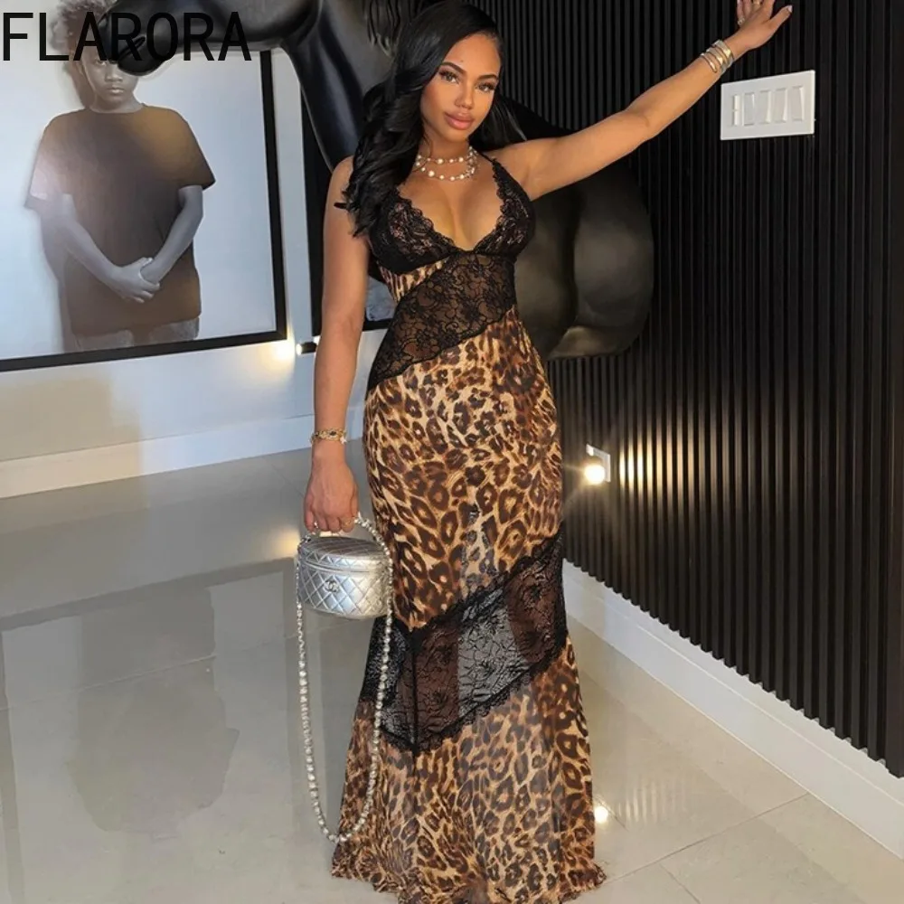 

FLARORA Sexy Lace Leopard Patchwork Mermaid Dresses Woman Spaghetti Strap Deep V Backless Bodycon Dress Evening Party Vestidos
