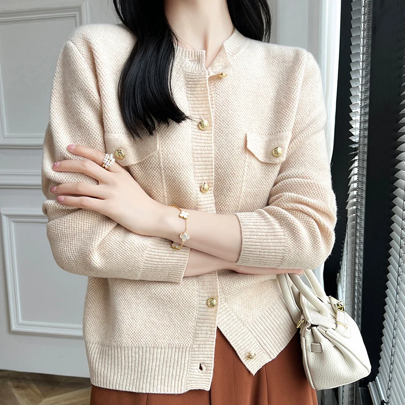 Women\'s Sweater Autumn/Winter New 100% Wool Coat Round Neck Knitted Cardigan Casual Loose Large Size Tops Long Sleeved Clothing