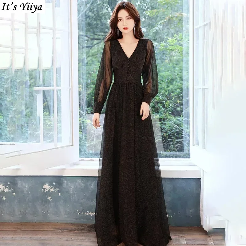 

Вечернее платье It's Yiiya по индивидуальному заказу, черное блестящее женское вечернее платье трапециевидной формы с v-образным вырезом и длинными рукавами, длиной до пола, большие размеры, A2400