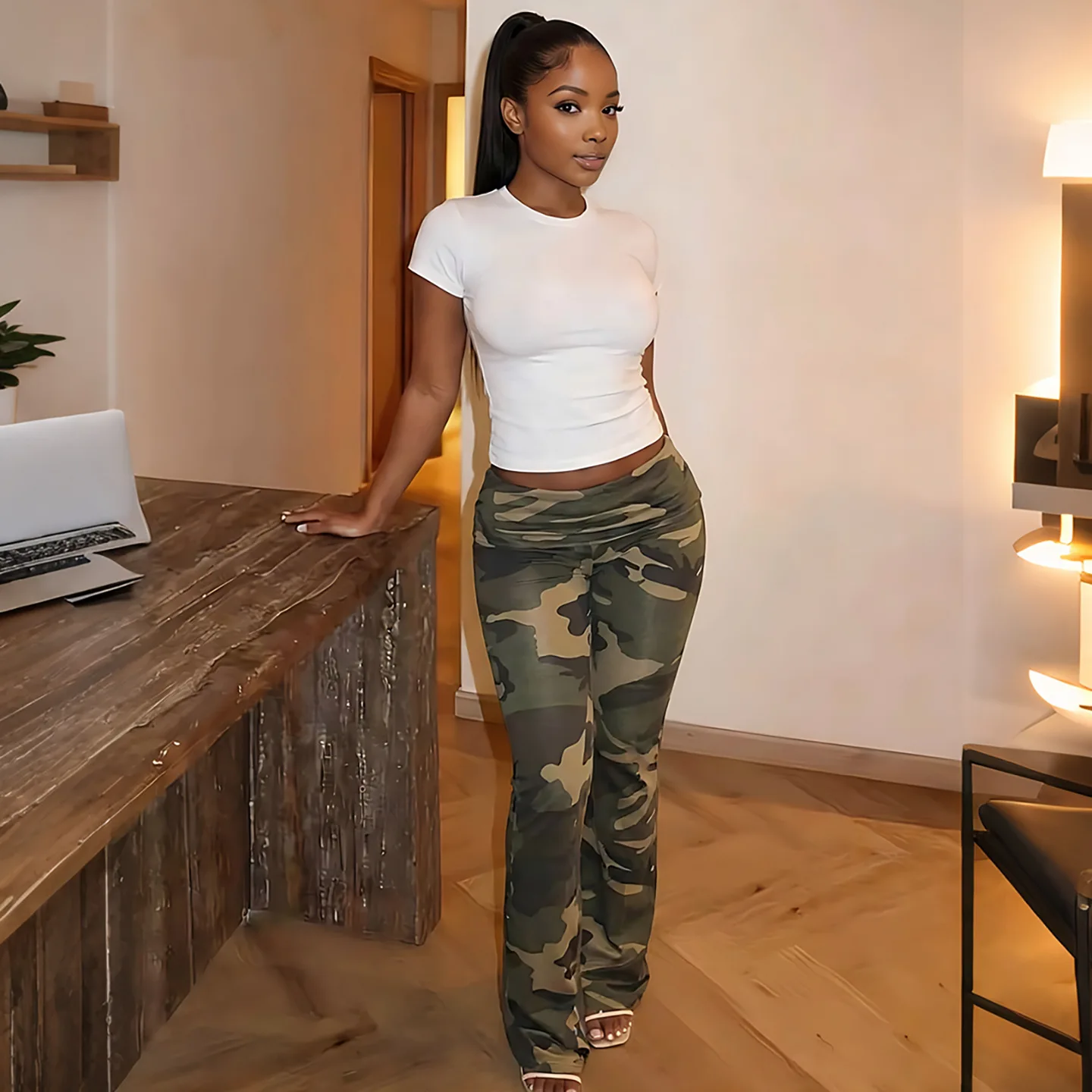 All Match Camouflage Print Slim Flare Pants Women Fashion Lapel High Waist Peach Hip Skinny Boot Cut Trousers Casual Streetwear