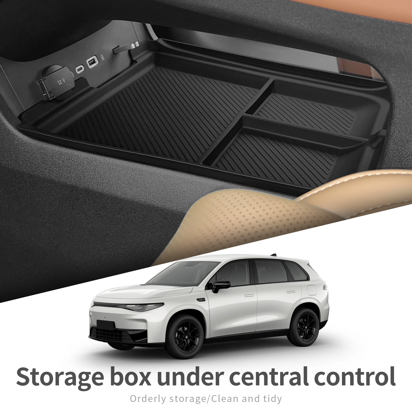 for Leapmotor C10 C16 2024 2025 Center Console Lower Storage Box Car Tray TPE Organizers Accessories Tidying Black