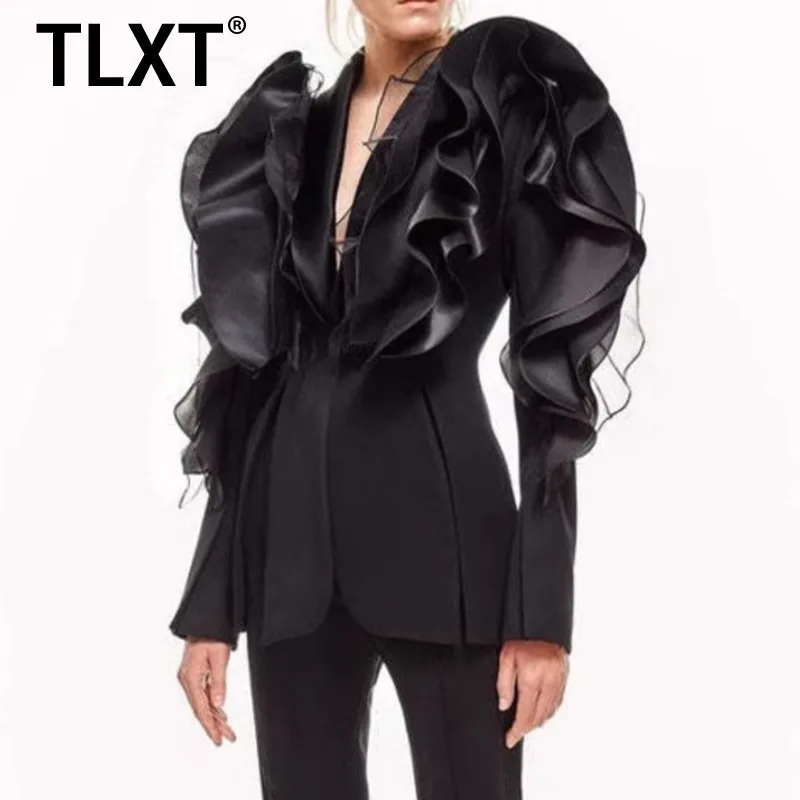 

TLXT Patchwork Tierred Ruffles Long Sleeve Cardigan Black Coats For Women 2025 Spring Fashion Female New Tops Wear XK914