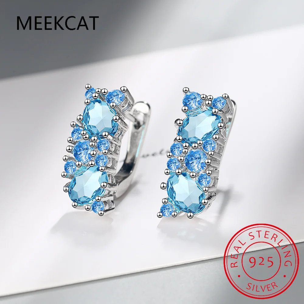 Oval Genuine Natural Blue Topaz 925 Sterling Silver Stud Earrings for Women Fashion Statement Gemstone Jewelry