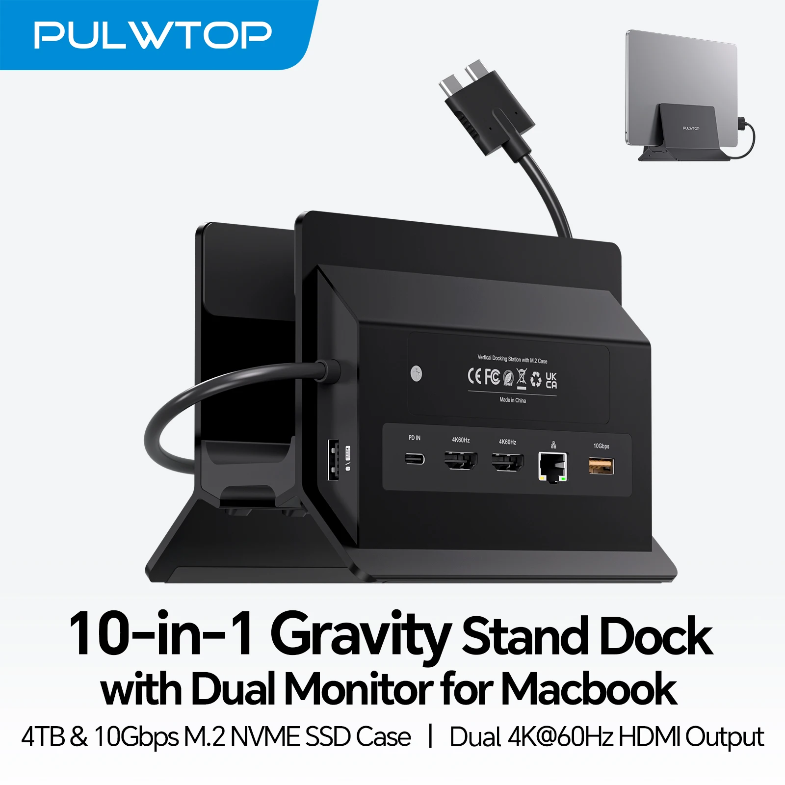PULWTOP Vertical Laptop Docking Station Dock Stand with 2 HDMI 4K@60Hz, USB A/C 10Gbps, PD, Ethernet, SD/TF, for MacBook Pro/Air