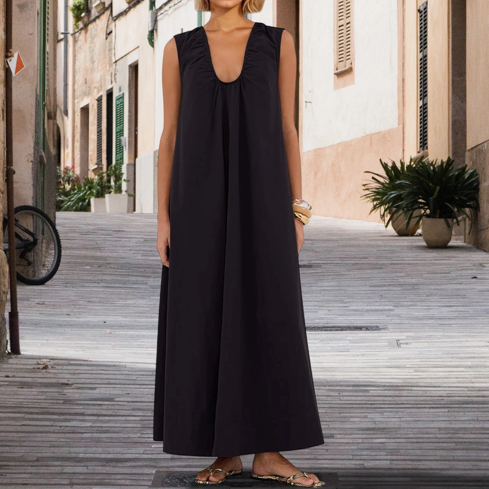 Women's Summer Fairycore Grunge Long Tank Dress Solid Color Sleeveless Scoop Neck Ruched Wide Shoulder Party Holiday Dress