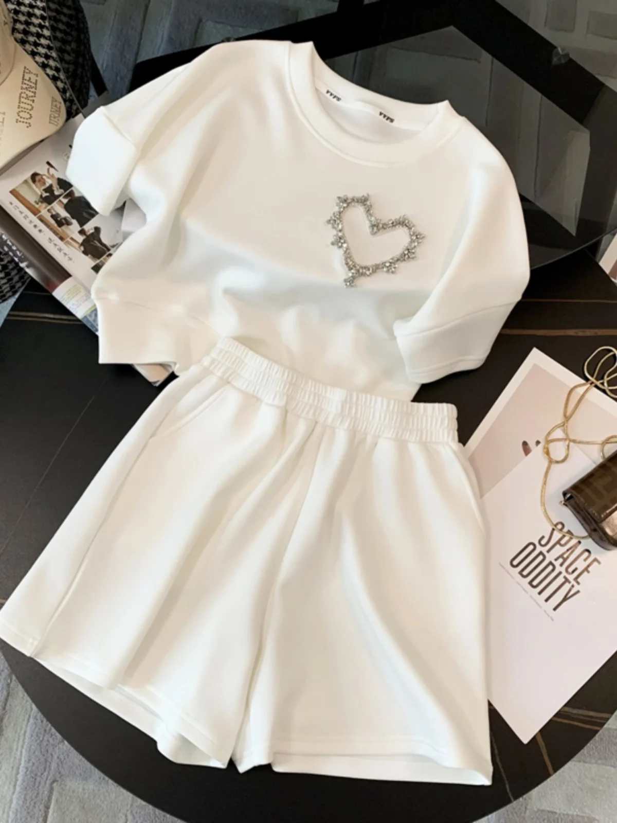 

Summer 2026 round Neck Diamond Heart Student Two-Piece Set Women Casual Shorts Suit Polyester Short Sleeve Overhead Dress