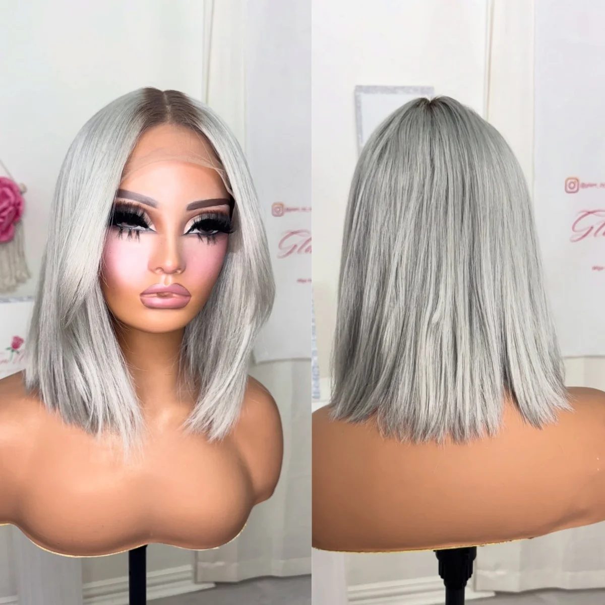 

Soft 14 Inches Ombre Sliver Blonde Synthetic Lace Front Wig Short Straight Bob Middle Parting Full Wigs Female Daily Cosplay Use