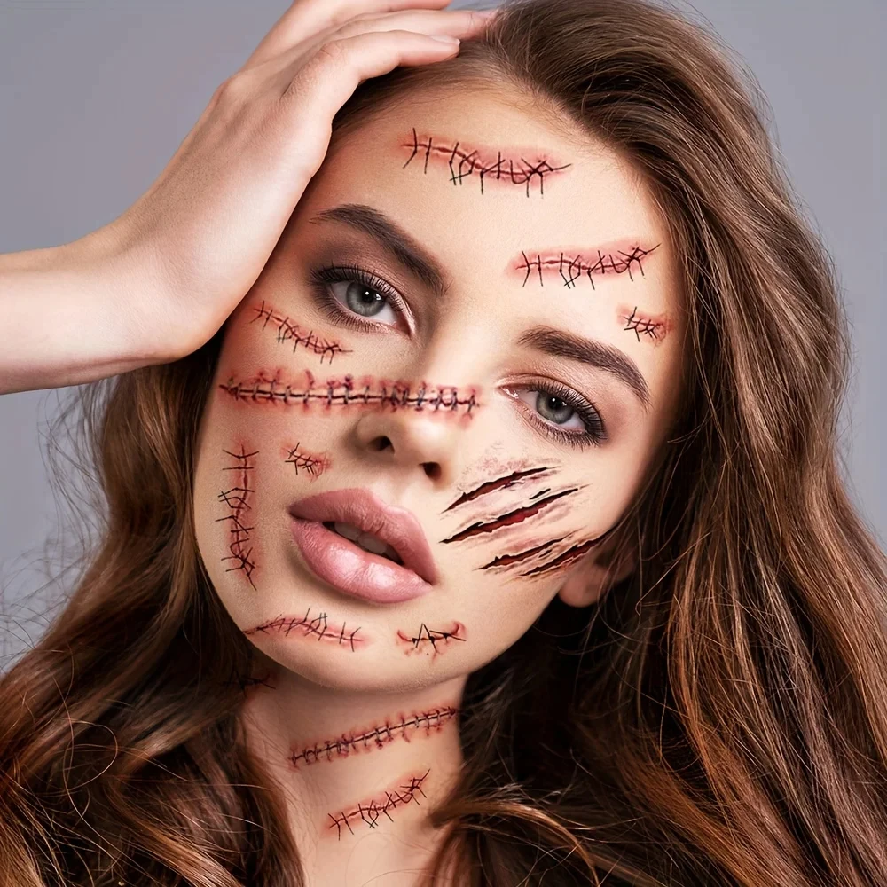5/10/20 قطعة هالوين ندبة المؤقتة لصاقات وشم ثلاثية الأبعاد ندبة وهمية الوشم ملصق الأحمر الدم جلطة الوجه الوشم مقاوم للماء تأثيري G