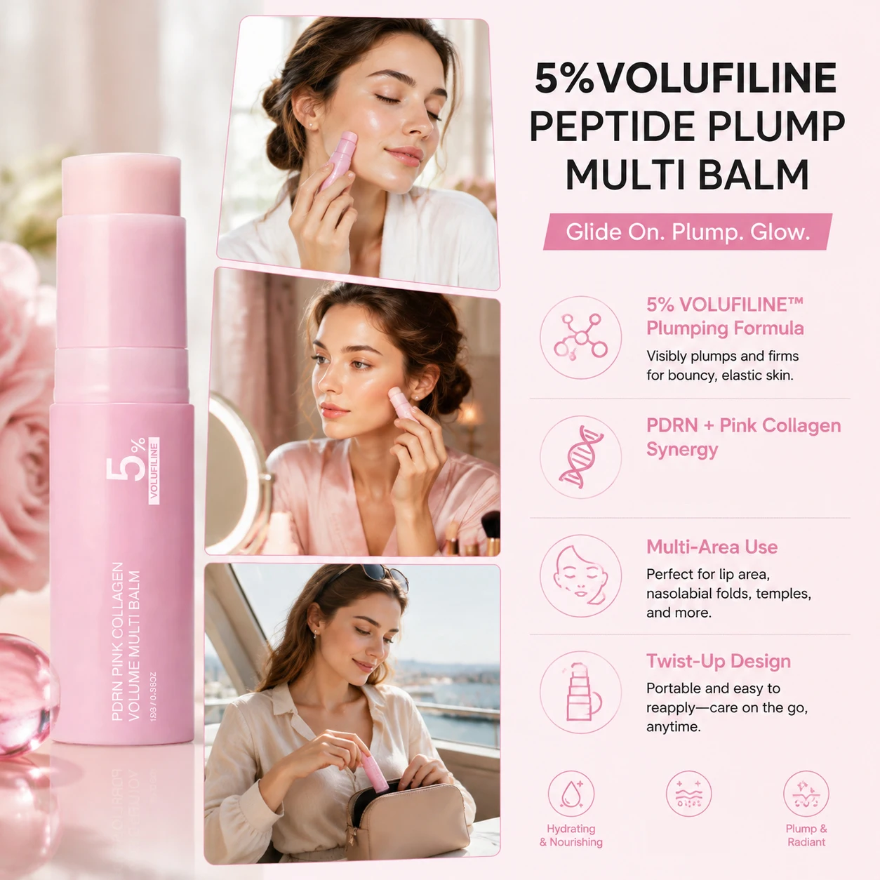 PDRN Pink Collagen Volume Multi Balm 5% Volufiline Multi Use Hydrating Balm Face Neck Lip Portable Moisturizing Skincare 10g