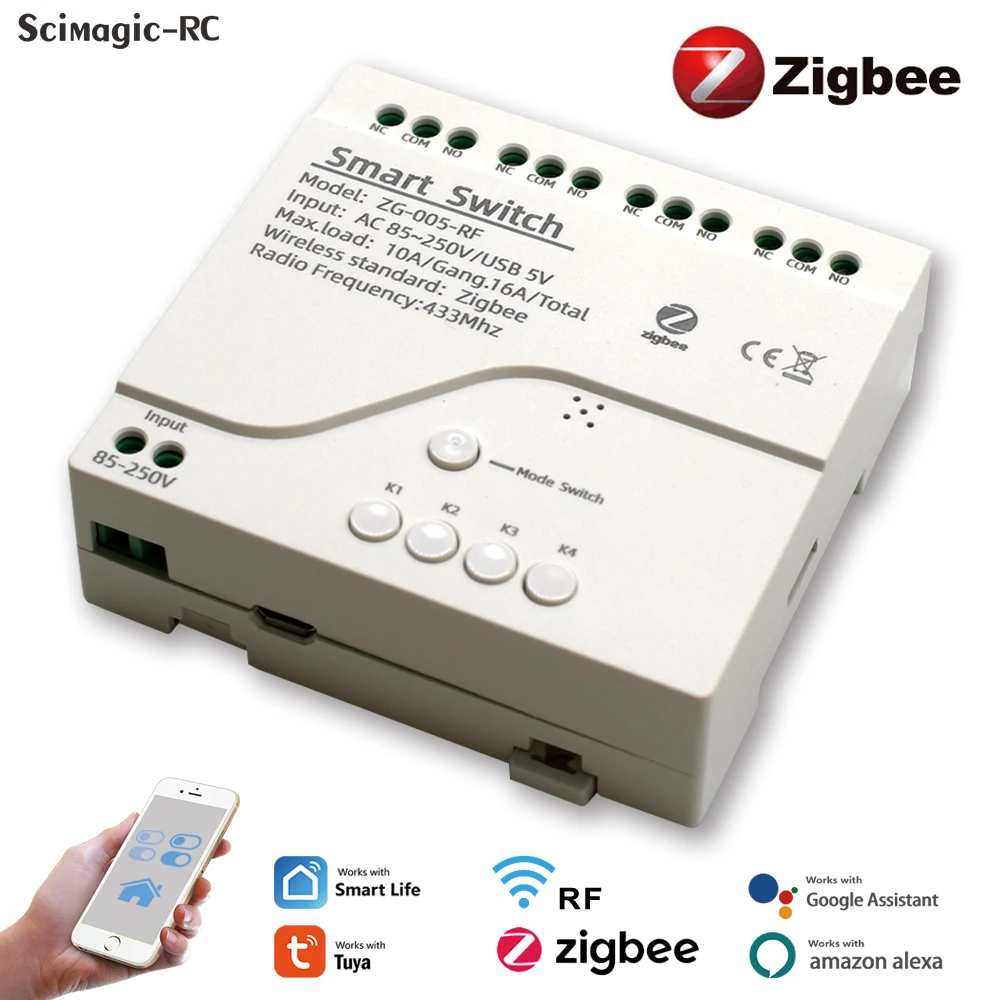 Tuya Zigbee 스마트 조명 스위치 모듈, 4CH 원격 스위치 컨트롤러, 7-32V 85-250V 릴레이, 알렉사 구글 홈 스마트 라이프와 작동