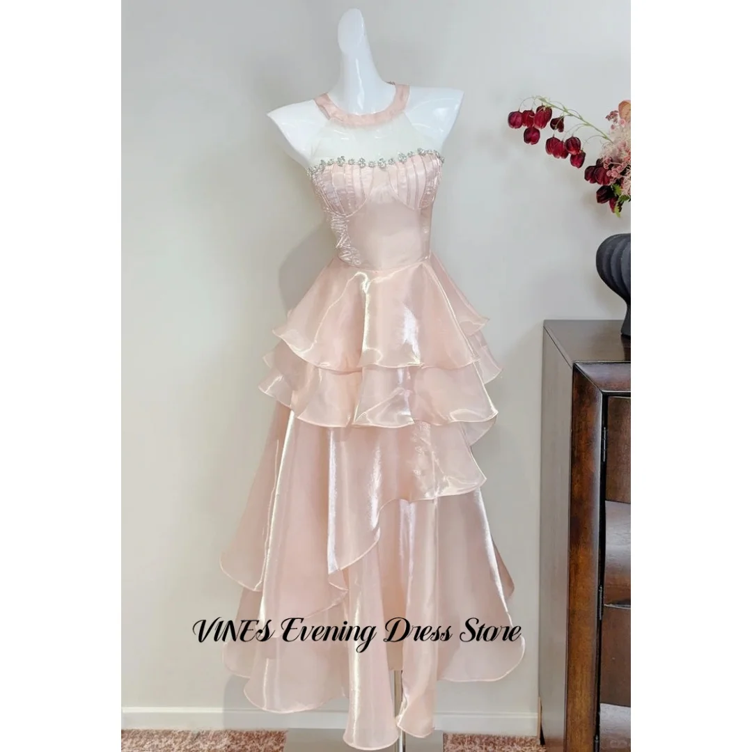 

VINES Elegant Blush Pink Prom Dress Halter Sheer Beaded Satin Tiered Ruffle Evening Gown A-Line Formal Gown For Women Customized