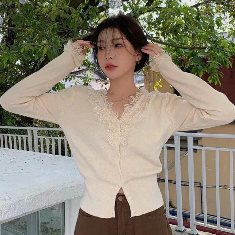 

Fashion V-Neck Lace Sweater Long Sleeve Thin Sweater Knitted Cardigans Korean All-march Slim Crop Tops Female