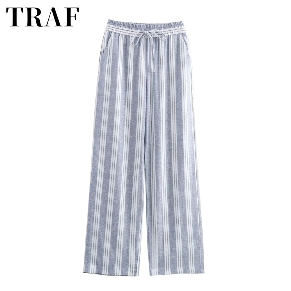 

TRAF New Women's Fashion European and American Style Casual Simple and Versatile Linen Blended Striped Pants