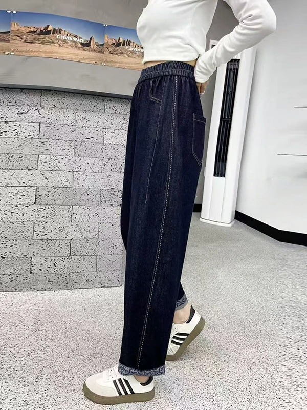 

Хлопковые эластичные джинсы с высокой талией, женские синие эластичные брюки Харлан большого размера в стиле ретро, осенние новые свободные утягивающие брюки...