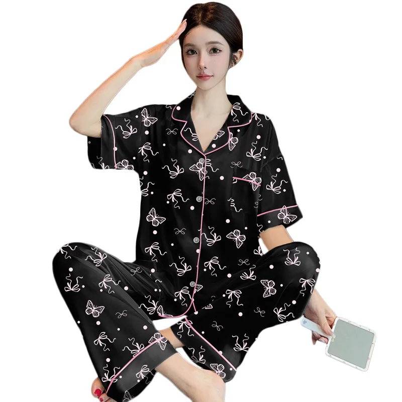 French Bowknot Polka Dot Ice Silk Pajamas for Women Summer 2026 New Style Home Wear Short-Sleeved Shirt and Long Pants Outdoor
