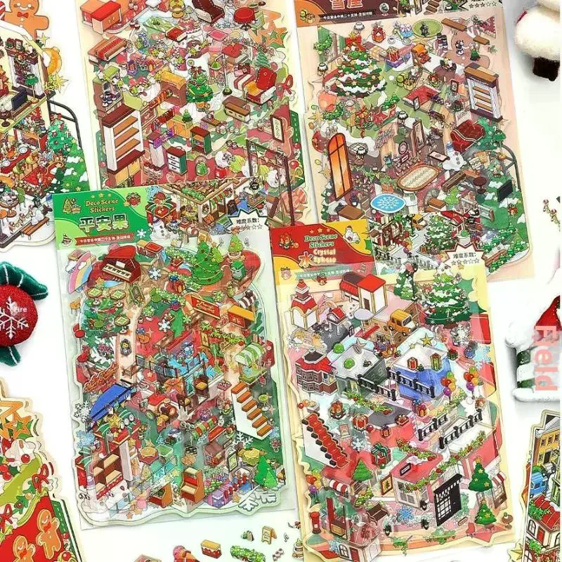 1/4Pcs Weihnachten Miniatur Diorama Landschaft Aufkleber Nette Cartoon Tasche DIY Szene Dekoration Ästhetische Schreibwaren Aufkleber