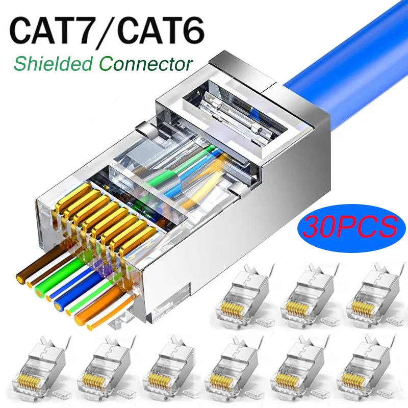 1/10/30Pcs Shielded Connectors RJ45 Plugs Metal UTP Ethernet Modular Crystal End Gold-Plated 8P8C Crimp Connectors Crystal Head