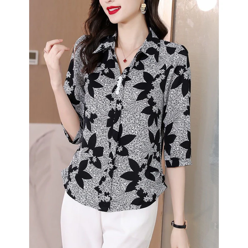 Women Print Korean Style Elegant Blouses Spring Summer Turn Down Collar 3/4 Sleeve Shirts Casual Slim Tops Blusa Mujer Moda 2023