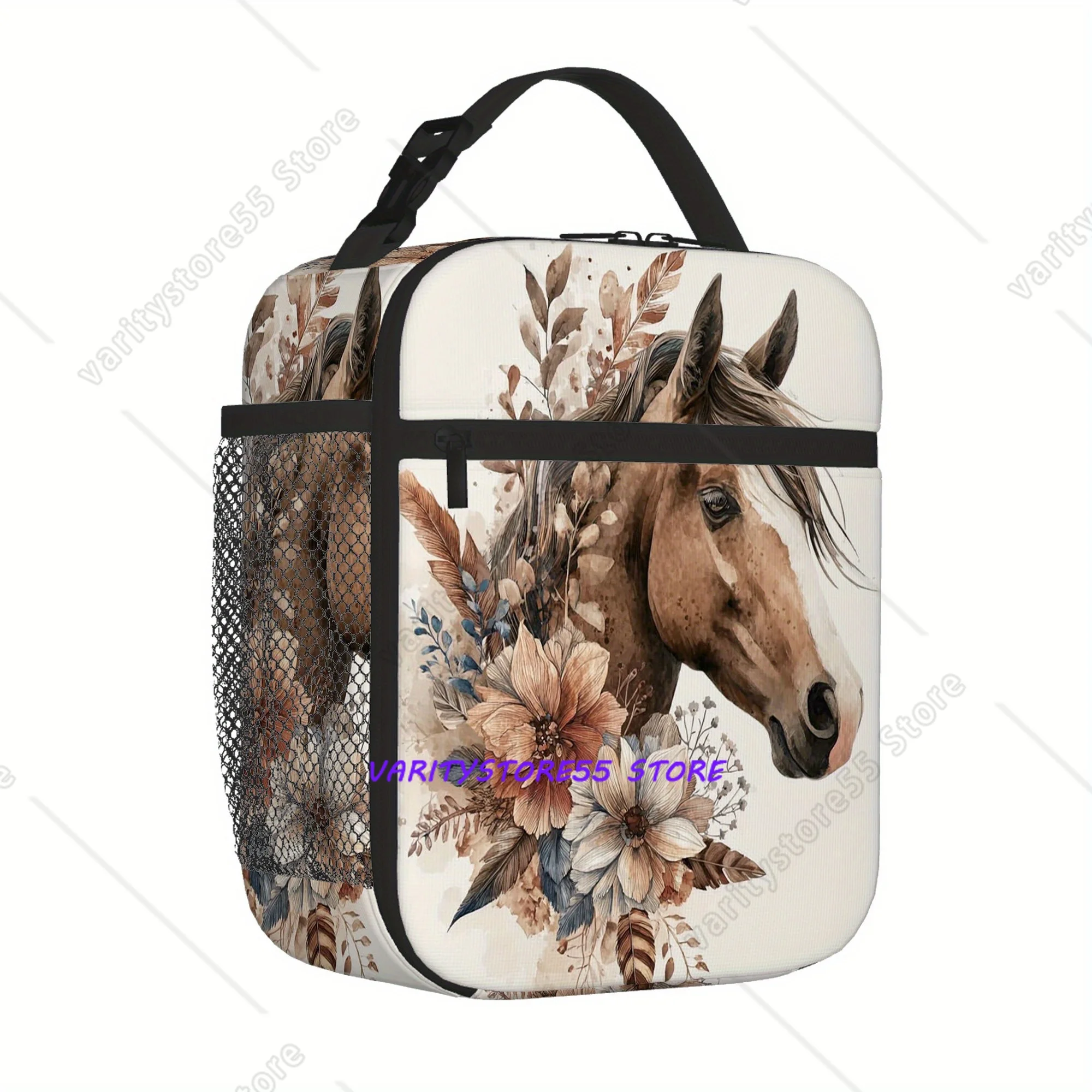 Horse Floral Lunch Box Reusable Oxford Bento Tote Bag Portable Thermal Lunch Bag for Adults Kids Work School Picnic