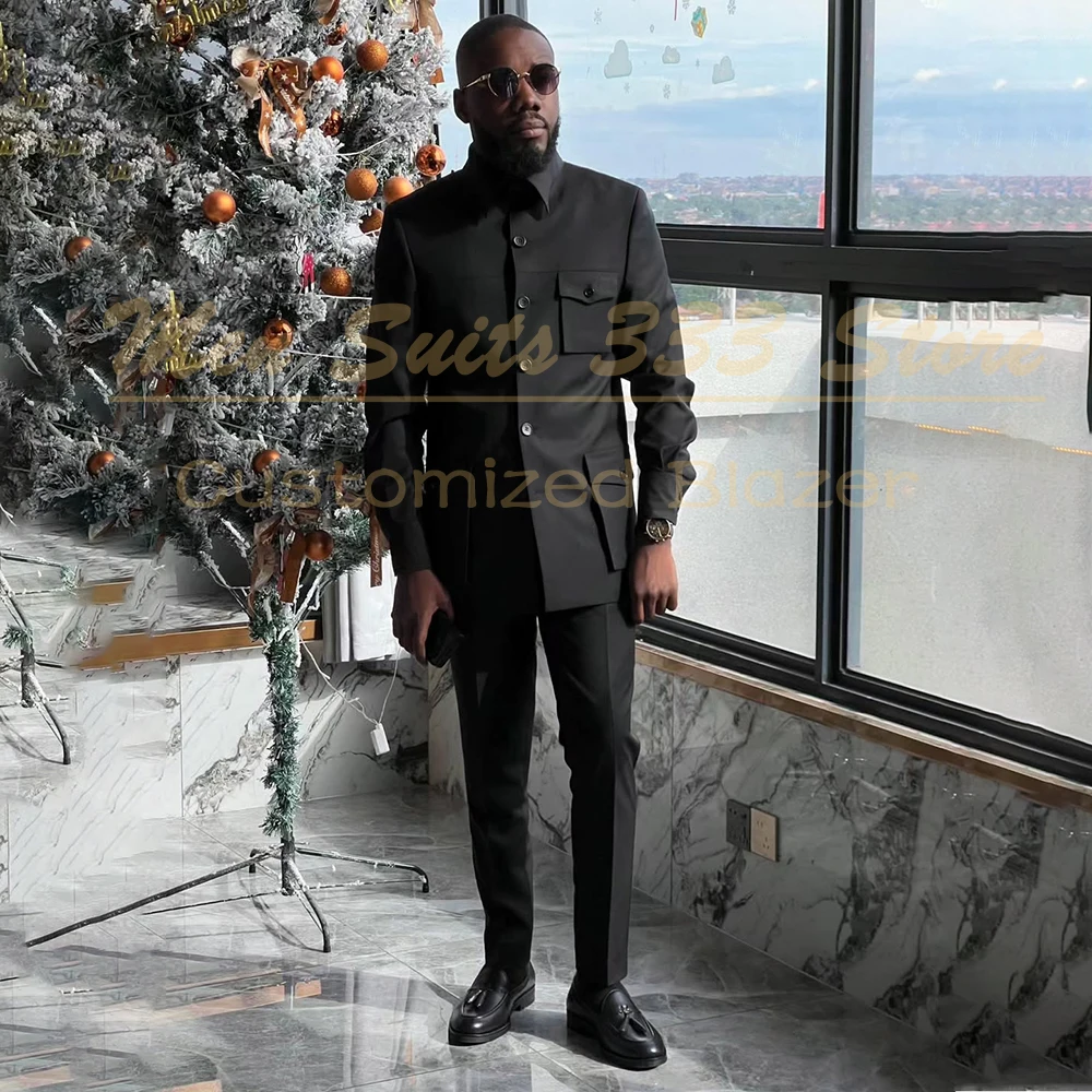 

Elegant Black Men's Suits Trouser Sets Formal Single Breasted Regular Length Stand Lapel Slim Safari 2 Piece Jacket Pants