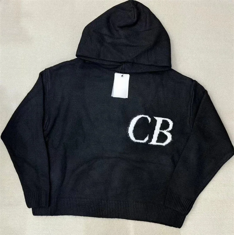 25ss Jacquard CB Knitted Hooded Sweaters Oversized Casual Mens Knit Hoodies Top Quality Grey Womens Wool Sweaters