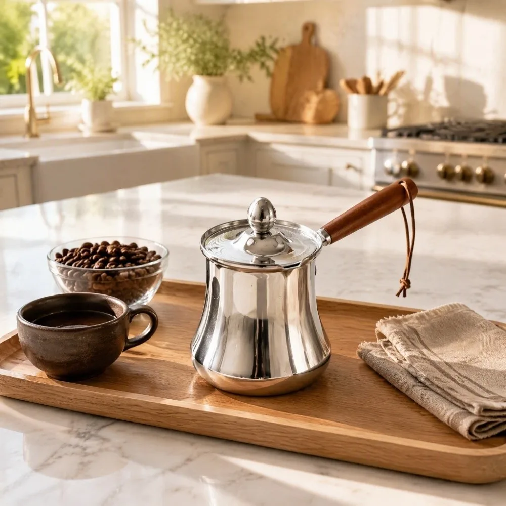 Stainless Steel Turkish Coffee Pot 250/350/550/720ml Spill-Resistant Milk Tea Pot With Lid Long-Handled Butter Warmer