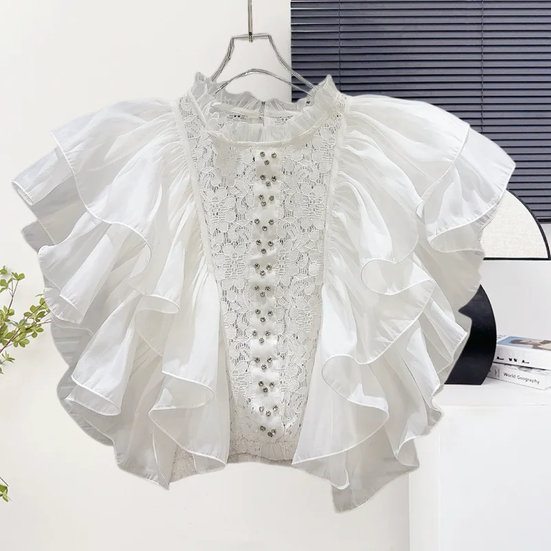 

2025,New,Summer,European,Clothes,Ruffles,Blouse,Women,Chic,Sexy,Hollow out,Crochet,Shiny,Diamonds,Sleeveless,Pullover,Tops,56033
