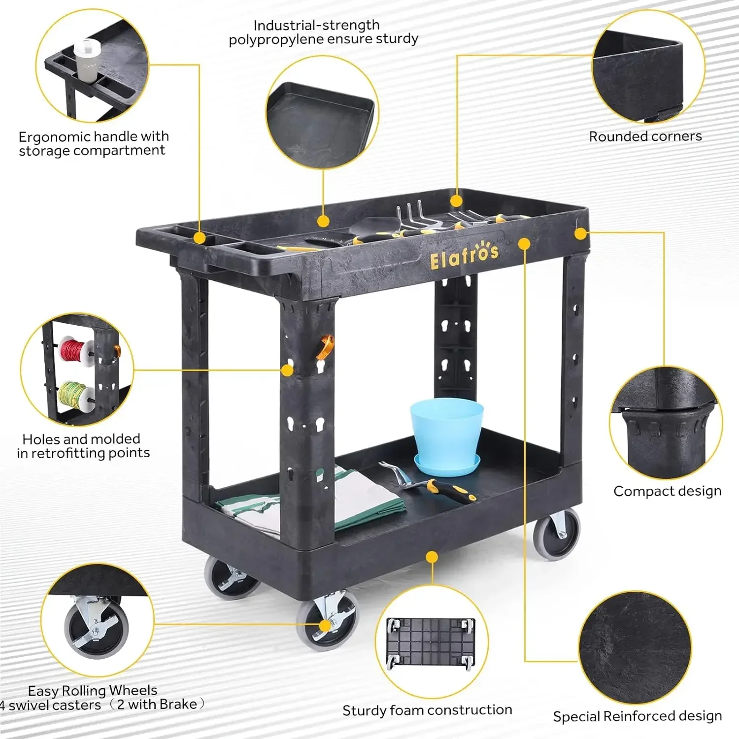 Imagem -04 - Heavy Duty Plástico Utility Carrinho Carrinho de Trabalho Banheira de Armazenamento com Prateleiras Profundas Rodas Giratórias Completas com Segurança 34x7 Polegada