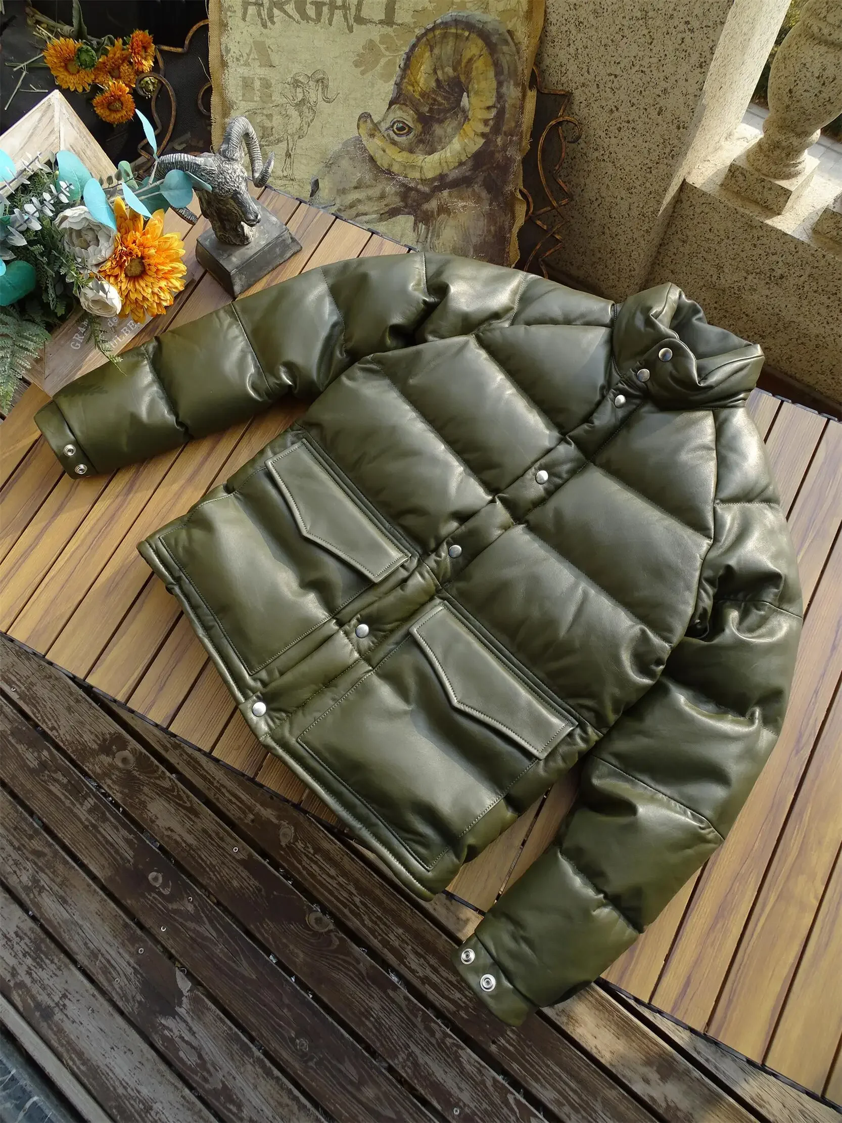 

Tailor Brando, итальянская овчина, белый утиный пух, мужская винтажная кожаная теплая зимняя куртка