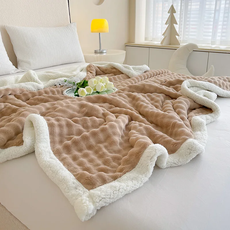 

Double Layer Thickened Warm Bubble Rabbit Fleece Blanket Lamb Velvet Plush Solid Color Winter Throw Bed Sofa Home Bedding Set XL