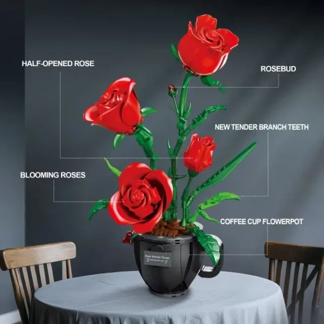 محاكاة ديزي/نبات الورد نموذج اللبنات تجميعها فنجان القهوة تصميم وعاء باقة زخرفة زهرة MOC الطوب اللعب الهدايا