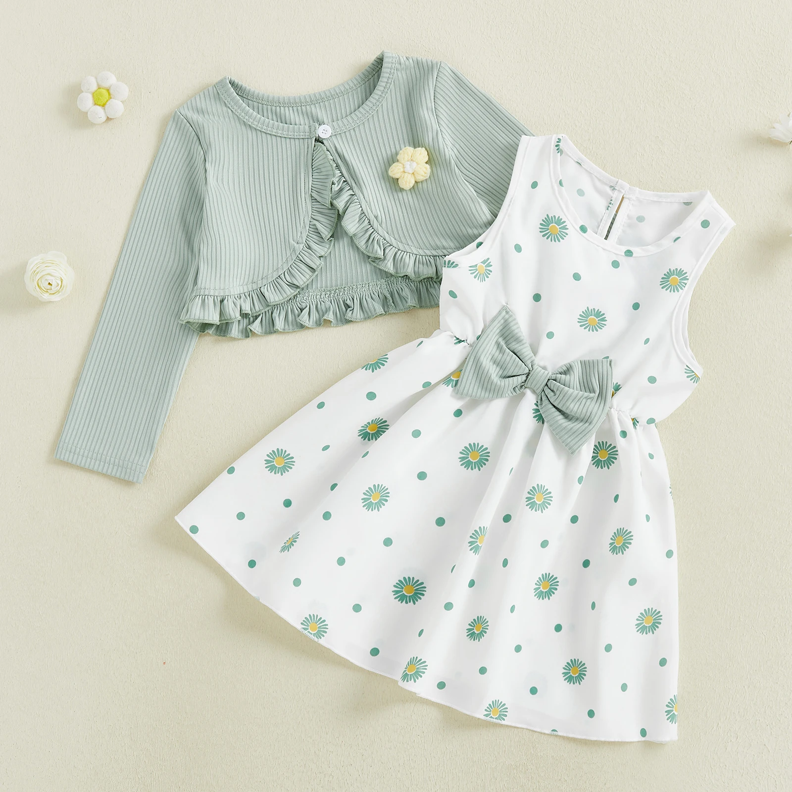2-8Y Little Girl Spring Outfit Flower Long Sleeve Ruffle Cardigan Tops Sleeveless A-line Dress 2 Piece Dresses Set