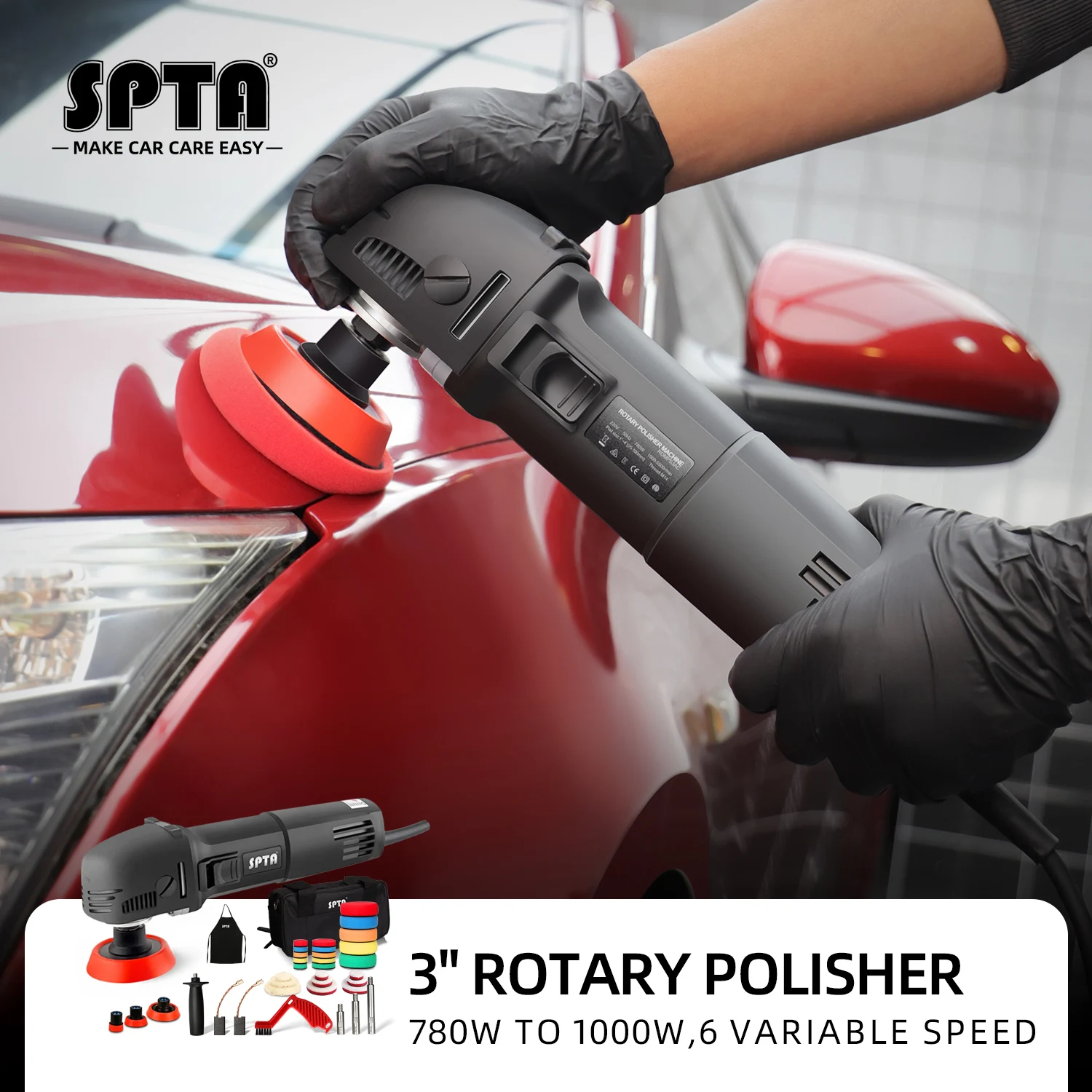 

SPTA 780W 3 Inch Mini Car Polishing Rotary Machine for Auto RO Buffing Detailing with 29Pcs Sponge Pad Accessories