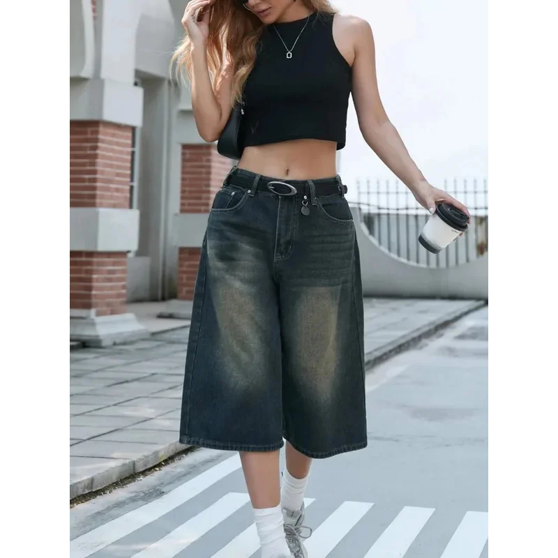 

Women Retro Vintage American Loose Wide Leg Seven-Point Denim Jeans