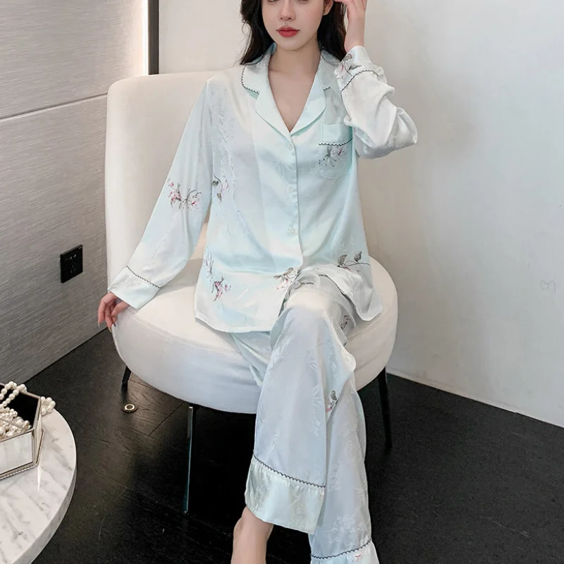 2024 Spring Autumn New Ice Silk 2 Pieces Pajamas for Women Fashion Cardigan Pyjamas Femme Sweet Printing Women Lazy Loungewear