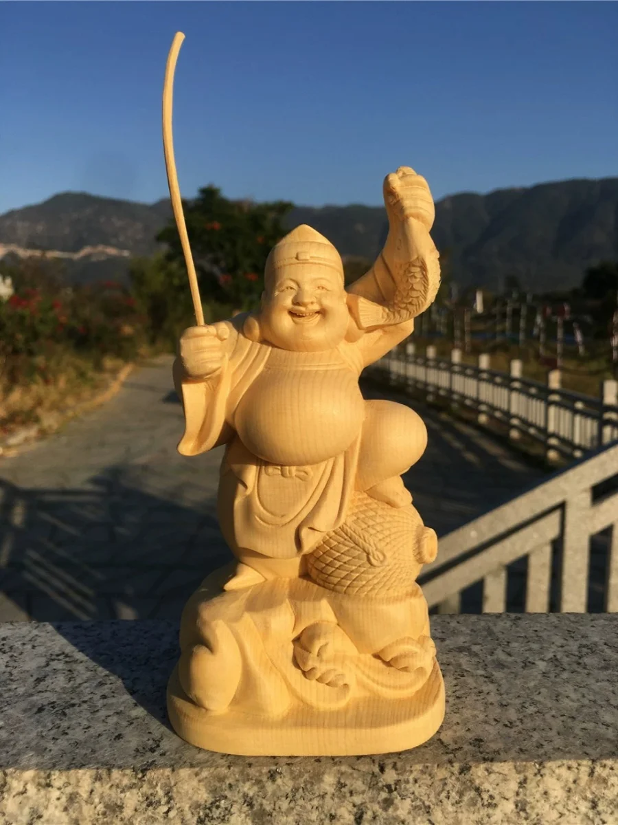 Intricate Hinoki Wood Daikokuten Sculpture - Protector of the Buddhist Faith and Wealth God, Wooden Maitreya Buddha Statue