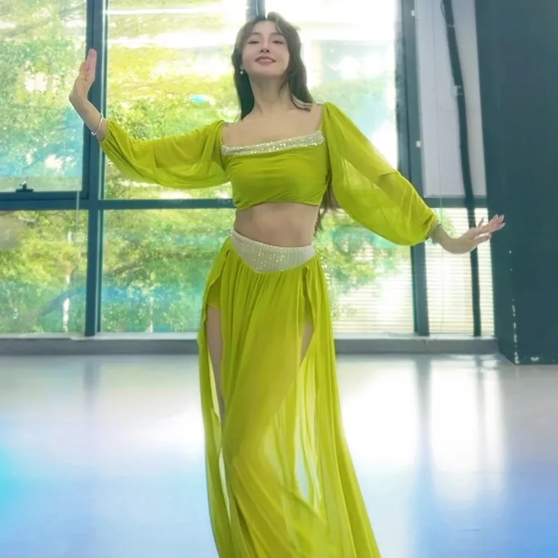 Personalizado novo conjunto de roupas de dança do ventre desempenho traje classe vestido sexy temperamento prática vestido de malha verde saia iniciante