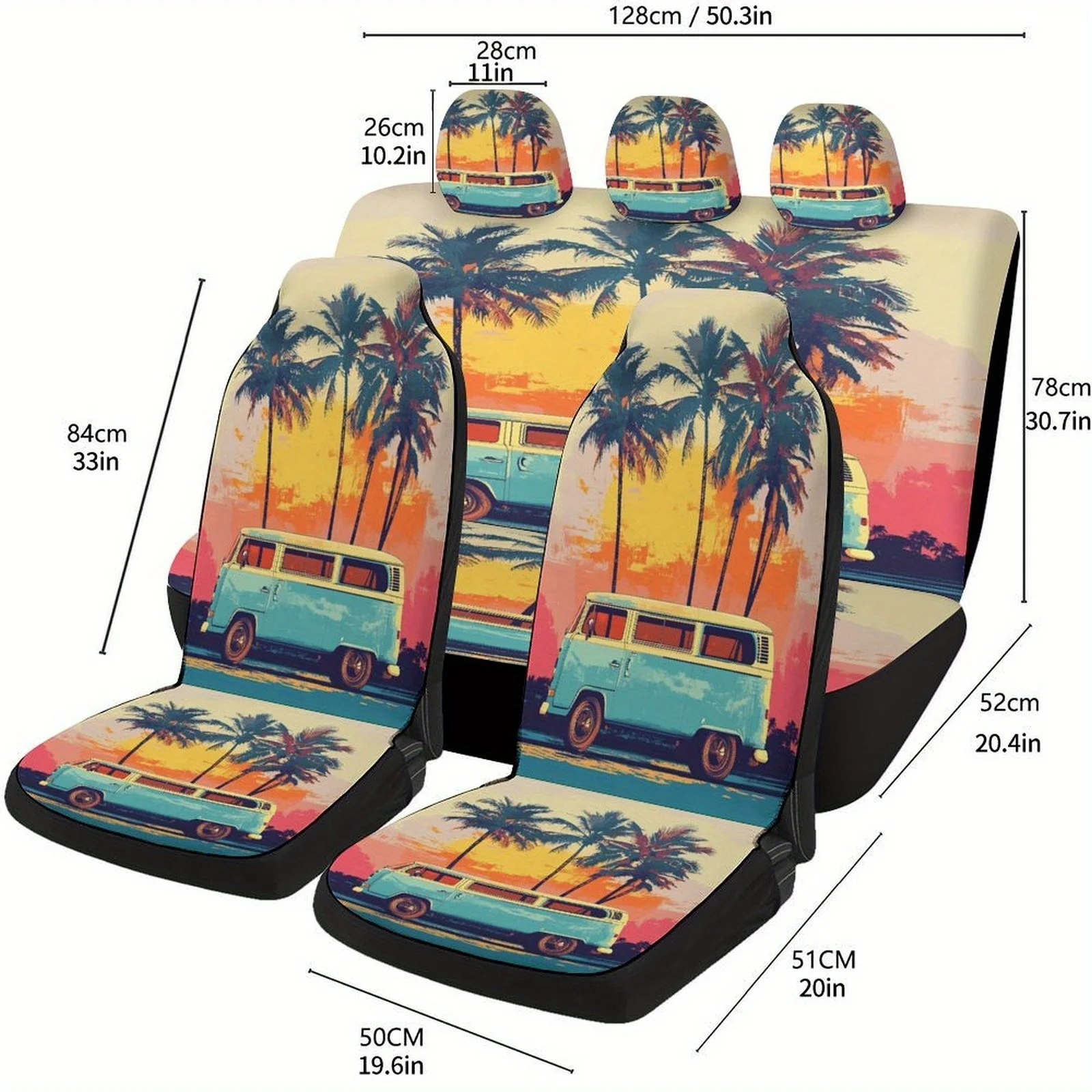 

Beach Van Sunset Themed Car Seat Cover Set For Most Cars, Fashion Novelty Car Seat Protector Covers Full Set, Universal Car Seat