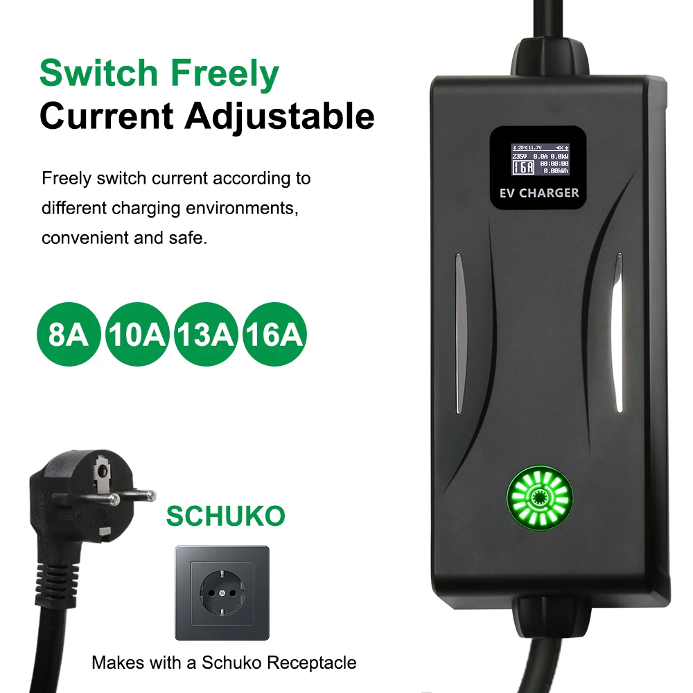 Peocke Portable EV Charger Type 2 IEC62196-2 Wallbox Adjustable Currect Schuko Plug EVSE Electric Car Charging Cable 5M