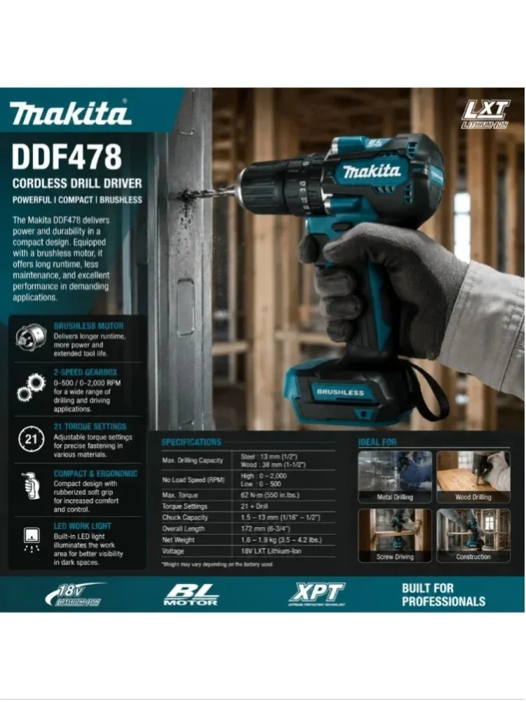 Makita DDF487 Akku-Bohrschrauber 18V Bürstenloses Elektrowerkzeug mit BL1860 6,0Ah Lithium-Akku Kompakter Hochdrehmoment-Schraubendreher für Holz, Metall, Heimreparaturen, Möbelmontage, Professionelle