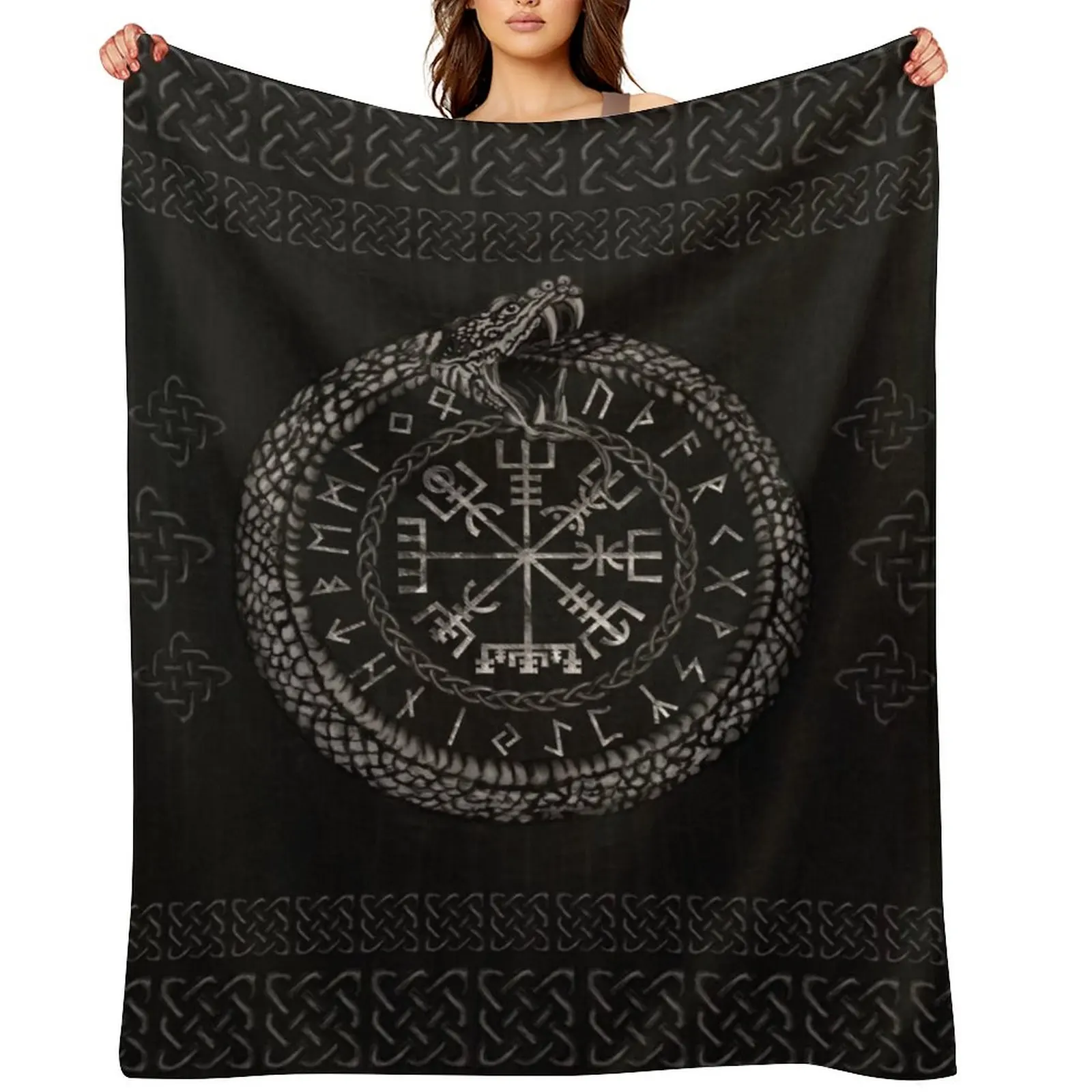 

Vegvisir with Ouroboros and runes Throw Blanket Polar Flannel Quilt Blankets