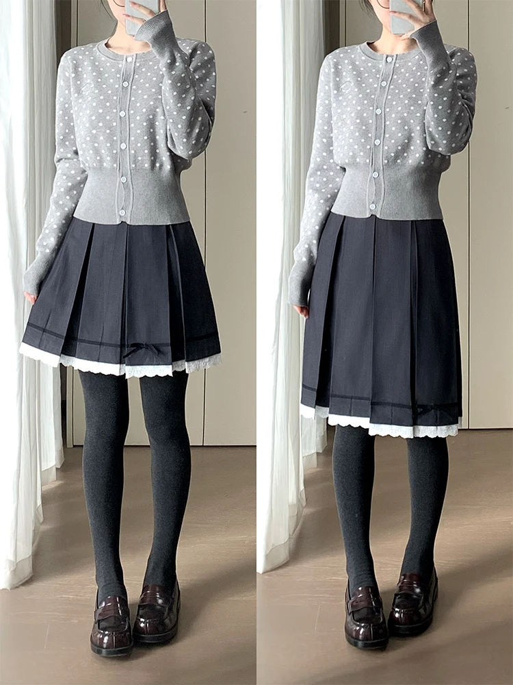 

Юбка А-силуэта оригинального дизайна для студенток с кружевными бантиками, в японском стиле, с завышенной талией, из смесового полиэстера, средней эластичности, для повседневной носки