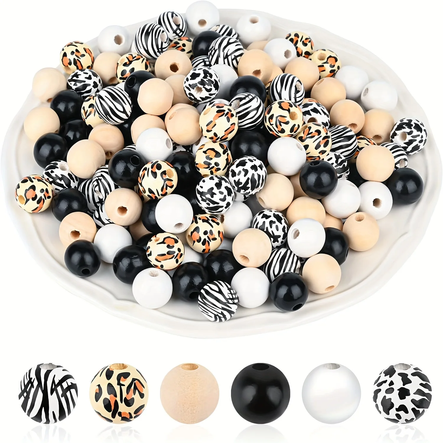 

60Pcs Leopard-print Cow Zebra Beads Set Black And White Wooden Beads Bush Print Round Craft Beads For Wooden Party Decoration