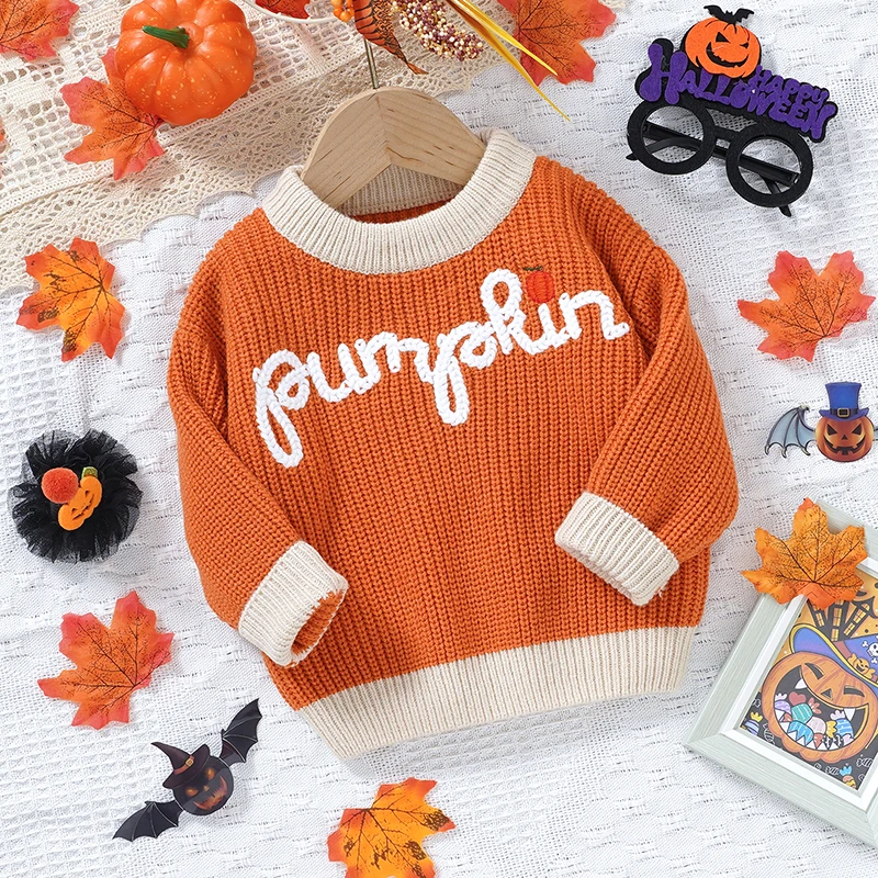 Blotona Baby Halloween Sweaters Long Sleeve Round Neck Ghost/Letter Embroidery Knitted Pullovers Autumn Winter Warm Casual Tops