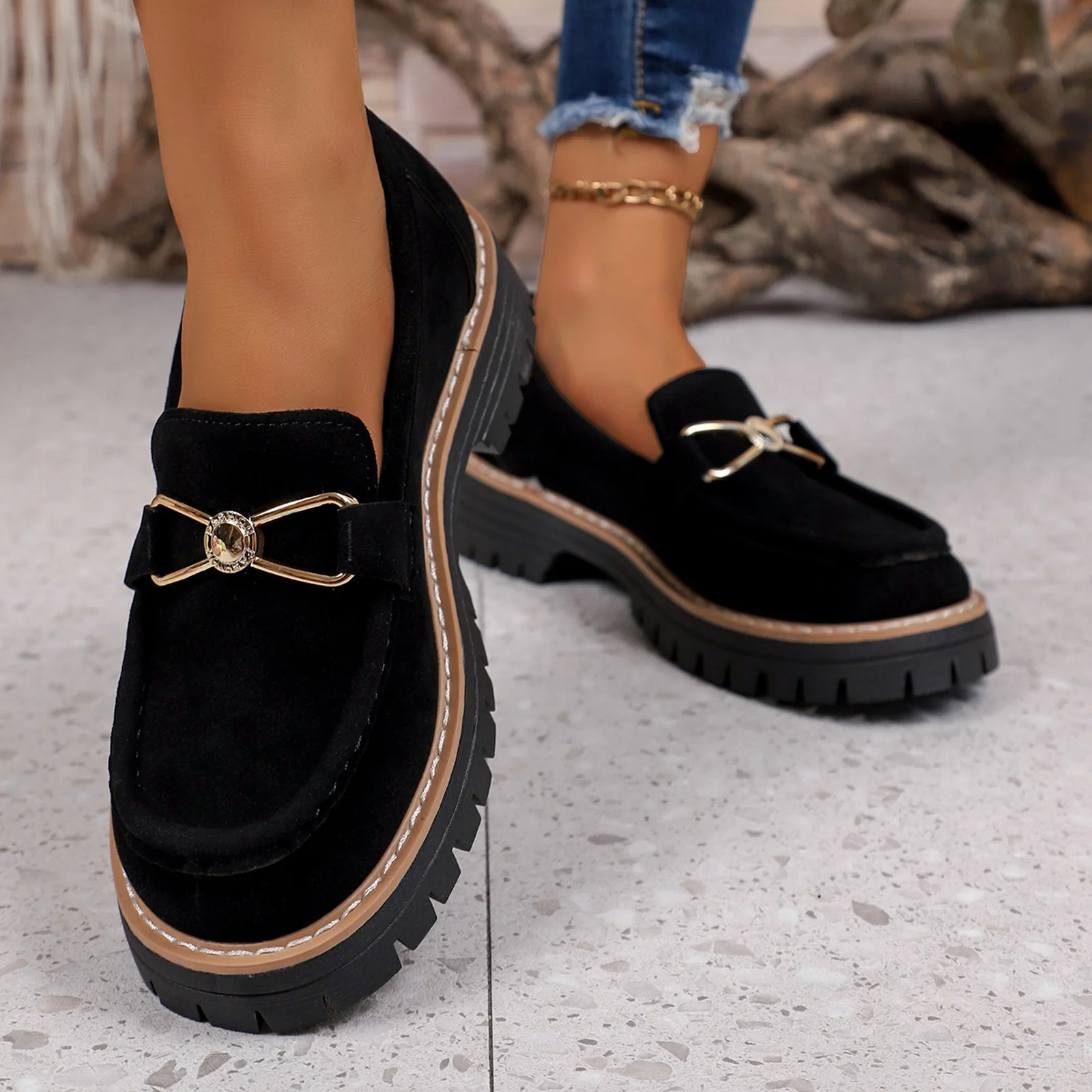 

Women's Shoes Spring Autumn Large Size Frosted British Style Single Shoes round Toe Rubber Sole Retro Casual Thick Heel Loafers