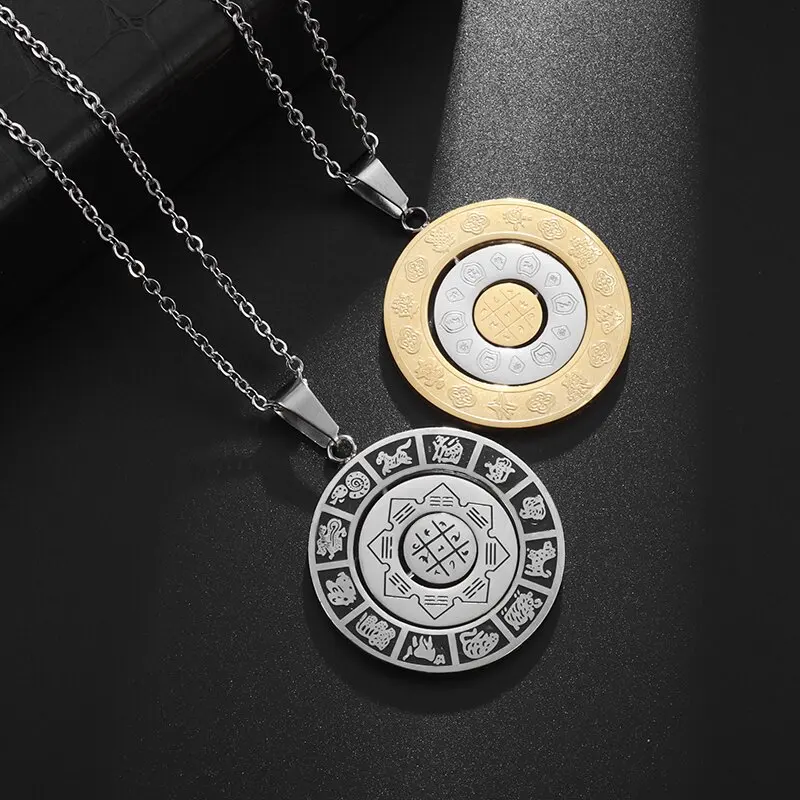 Ethnic Wind Rotatable Zodiac Totem Round Titanium Steel Pendant Men and Women Retro Amulet Necklace Lucky Wealth Jewelry Gift